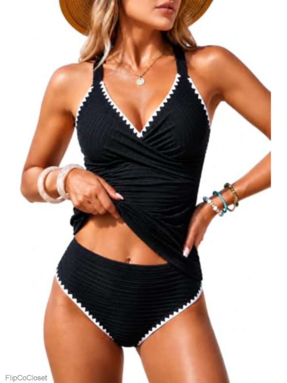Two Piece Tankini Swimsuit Tummy Control Ribbed Twist Front